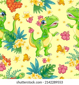 Tropical seamless pattern with friendly tyrannosaurus and exotic flowers isolated on yellow background. Vector cartoon illustration.For print, linen, design, wallpaper, textile, packaging,kids apparel