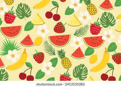 Tropical seamless pattern with tropical fruits. Cute summer background for fabrics, decorative paper, textile print. Templates for celebration, ads, branding, banner, cover, label, poster 