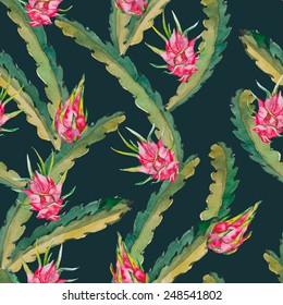 Tropical seamless pattern. Tropical fruits pattern. Exotic leaves and fruit. Vector.Dragonfruit, pitaya,pitahaya. Pitaya is the plant in Cactaceae family or Cactus.
