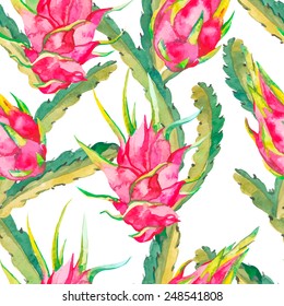 Tropical seamless pattern. Tropical fruits pattern. Exotic leaves and fruit. Vector.Dragonfruit, pitaya,pitahaya. Pitaya is the plant in Cactaceae family or Cactus.