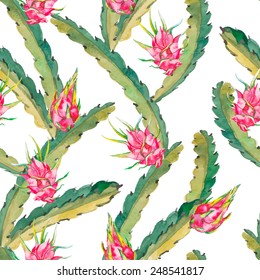 Tropical seamless pattern. Tropical fruits pattern. Exotic leaves and fruit. Vector.Dragonfruit, pitaya,pitahaya. Pitaya is the plant in Cactaceae family or Cactus.