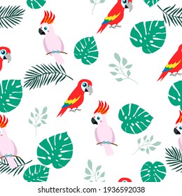 Tropical seamless pattern, funny birds, palm leafs vector illustration