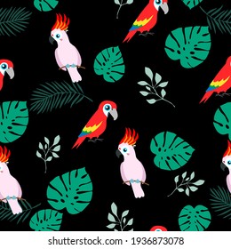 Tropical seamless pattern, funny birds, palm leafs vector illustration