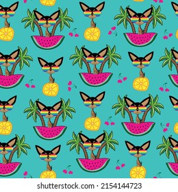 Tropical seamless pattern, with funny cartoon chihuahua dog and watermelon, lemon slice, cherry and island. Good for textile print, cover, banner, wrapping and wallpaper design.