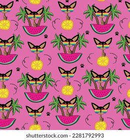 Tropical seamless pattern, with funny cartoon chihuahua dog and watermelon, lemon slice and island. Good for textile print, cover, banner, wrapping and wallpaper design.