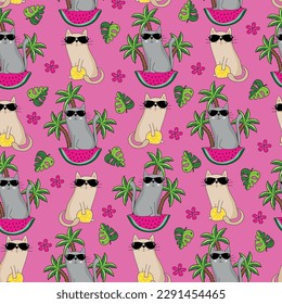 Tropical seamless pattern, with funny cartoon cats and watermelon, lemon slice and island. Good for textile print, cover, banner, wrapping and wallpaper design.