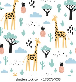 Tropical Seamless Pattern With Giraffe, Cactuses And Pineapple. Vector Illustration