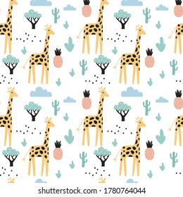 Tropical Seamless Pattern With Giraffe, Cactuses And Pineapple. Vector Illustration