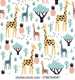 Tropical Seamless Pattern With Giraffe, Cactuses And Pineapple. Vector Illustration