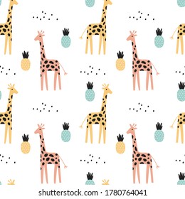 Tropical Seamless Pattern With Giraffe And Pineapple. Vector Illustration