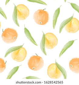 Tropical seamless pattern with grapefruit  , mandarin or orange, imitation of watercolor, hand drawing. Fruit texture. Vector vibrant citrus print for fabric or wallpaper.