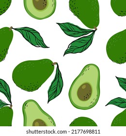 Tropical seamless pattern with green avocados and avocado slices. Hand drawn avocados pattern on white background. for fabric, drawing labels, print, wallpaper of children's room, fruit background