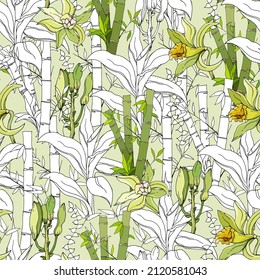 Tropical seamless pattern of green bamboo and vanilla flowers. Drawn botanical jungle print. Vector illustration.