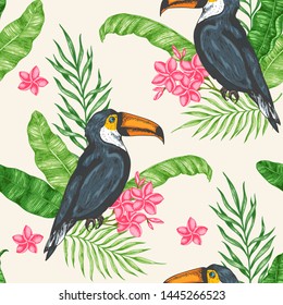 Tropical seamless pattern with green banana leaves, flowers and toucan bird. Hand drawn vector background