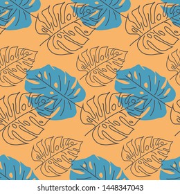 Tropical seamless pattern with green and beige leaves. design. Flat jungle print. Floral background.