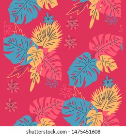Tropical seamless pattern with green and beige leaves. design. Flat jungle print. Floral background.