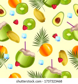 Tropical seamless pattern with green coconut, orange, palm leaves, kiwi, strawberry, ice. Exotic fruit texture in realistic style with avocado, mango, cocktail. Summer food background