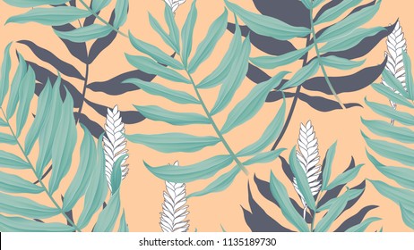 Tropical seamless pattern,  green Dypsis lutescens or yellow palm with flowers on orange background, vintage style