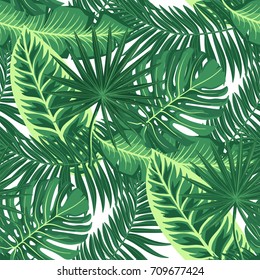 Tropical seamless pattern with green exotic plants and leaves. Vector monstera, palm leaves, floral background.
