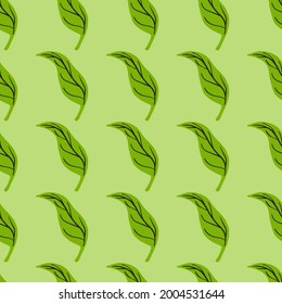 Tropical seamless pattern with green hand drawn leaves shapes. Light background. Nature abstract print. Designed for fabric design, textile print, wrapping, cover. Vector illustration.