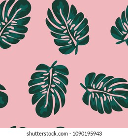 Tropical seamless pattern and green leaves of monstera on a pink background