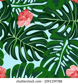 Tropical seamless pattern with green leaves and flowers. Monstera and hibiscus.