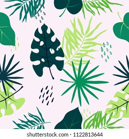Tropical Seamless Pattern. Tropical Green Leaves on Pink Background.