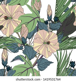 Tropical seamless pattern with green leaves and beige hibiscus flowers. Flat jungle print. Floral background. 