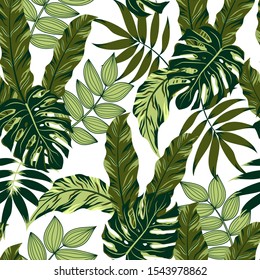 Tropical seamless pattern with green leaves and plants. Floral seamless vector tropical pattern background with exotic leaves, jungle leaf. Exotic wallpaper, Hawaiian style.