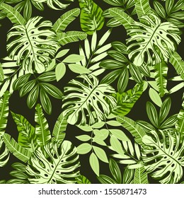 Tropical seamless pattern with green leaves and plants. Trendy summer Hawaii print. Exotic wallpaper. Vector background for various surface. Jungle leaves floral pattern.