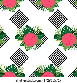 Tropical seamless pattern with green leaves and red paint spot. Vector illustration of summer on white background. Exotic wallpaper. For web design, banners, scrapbooking, printing on fabric, wrapping