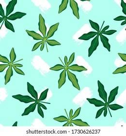 Tropical seamless pattern with green leaves. Vector illustration of summer on blue background. Exotic wallpaper with white paint spots. For web, banners, scrapbooking, printing on fabric, wrapping.