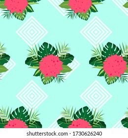 Patrón tropical sin costuras con hojas verdes y mancha de pintura roja. Ilustración vectorial del verano sobre fondo azul. Papel de pared exótico. Para diseño web, banners, scrapbooking, impresión en tela, envoltura.
