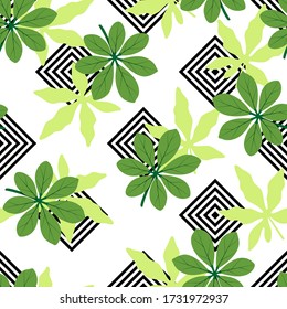 Tropisches nahtloses Muster mit grünen Blättern. Vector-Abbildung auf weißem Hintergrund. Exotische Tapete mit geometrischem Muster. Für Web-Design, Banner, Scrapbooking, Druck auf Stoff, Verpackung.