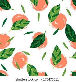 Patrón tropical sin costuras con hojas verdes y círculos naranjas dibujados a mano. Ilustración vectorial del verano. Papel de pared exótico sobre fondo blanco. Para banners, scrapbooking, impresión en tela, envoltura.