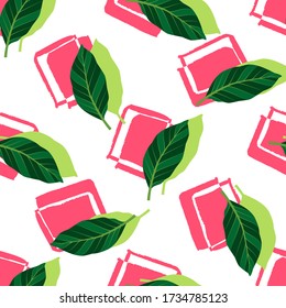 Tropisches nahtloses Muster mit grünen Blättern. Vector Illustration des Sommers. Exotische Tapete mit handgezeichneten roten Formen auf weißem Hintergrund. Für Banner, Scrapbooking, Druck auf Stoff, Verpackung.