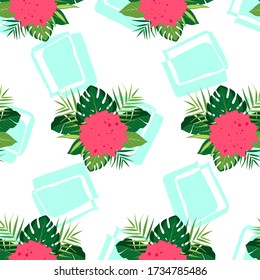 Tropical seamless pattern with green leaves. Vector illustration of summer. Exotic wallpaper with hand drawn shapes on white background. For web, banners, scrapbooking, printing on fabric, wrapping.