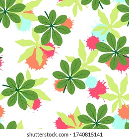 Tropical seamless pattern with green leaves. Vector illustration of summer. Exotic wallpaper with colorful blots on white background. For web, banners, scrapbooking, printing on fabric, wrapping.