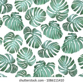 Tropical seamless pattern with green monstera leaves on white background. Tropical vector background for print or textile.