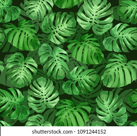 Tropical seamless pattern with green monstera leaves. Tropical vector background for print or textile.