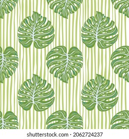 Tropical seamless pattern with green monstera leaves on stripe background. Vintage botanical foliage plants wallpaper. Exotic hawaiian backdrop. Design for fabric, textile print, wrapping, cover