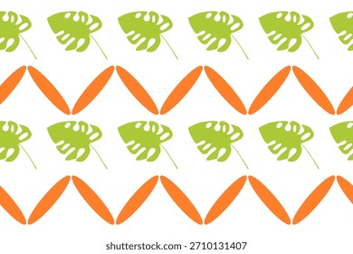 Tropical seamless pattern with green monstera leaves and orange geometric shapes. Perfect for fabric, wallpaper, packaging, and summer-themed design projects.
