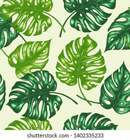 Tropical seamless pattern with green palm leaves. Hand drawn vintage vector background.