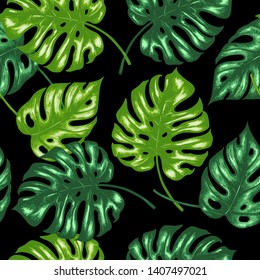 Tropical seamless pattern with green palm leaves on a black background. Hand drawn vector illustration