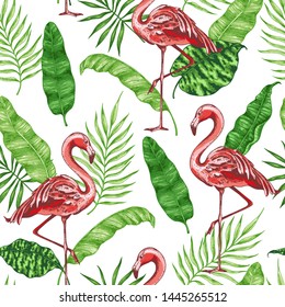 Tropical seamless pattern with green palm leaves and pink flamingo. Hand drawn vector background