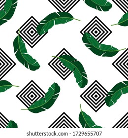 Tropisches nahtloses Muster mit grünen Palmblättern. Vector-Abbildung auf weißem Hintergrund. Exotische Tapete mit geometrischem Muster. Für Web-Design, Banner, Scrapbooking, Druck auf Stoff, Verpackung.