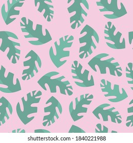 Tropical seamless pattern. Green palm leaves on a pink background. Design for fabric, print, cover, banner, and invitation. Vector illustration.