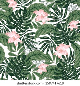 Tropical seamless pattern with green plants and flowers on white background. Summer background with exotic leaves. Illustration in Hawaiian style. Jungle leaves. Botanical pattern.