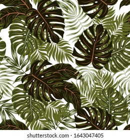Tropical seamless pattern with green plants and leaves on a white background. Summer background with exotic leaves. Printing with in hand drawn style. Vector template. Jungle leaves.