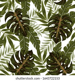 Tropical seamless pattern with green plants and leaves on a white background. Jungle leaves vector floral pattern background. Summer background with exotic leaves. Exotic wallpaper.